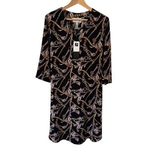 Joseph Ribkoff Long Sleeve Dress Sz 12 Black Neutral Chain Print Shift Classy
